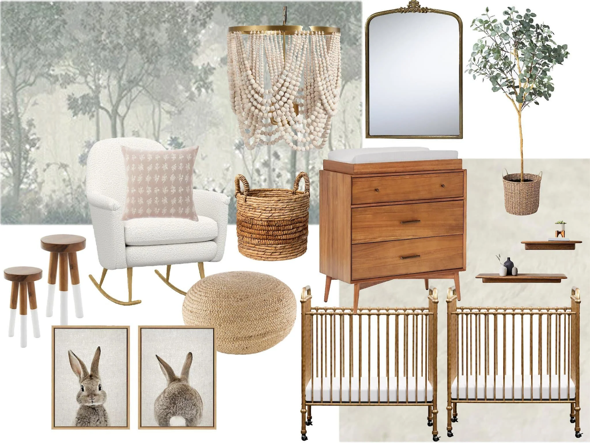 A collage of nursery or child's room decor and furniture including a white rocking chair with a pink pillow, three small wooden stools, a woven pouf, a wicker basket, a wooden dresser with a changing pad on top, gold-framed mirror, hanging eucalyptus plant, framed bunny pictures, wall shelves with small decorative items, a large beaded chandelier, and a background with a soft, nature-inspired wallpaper.