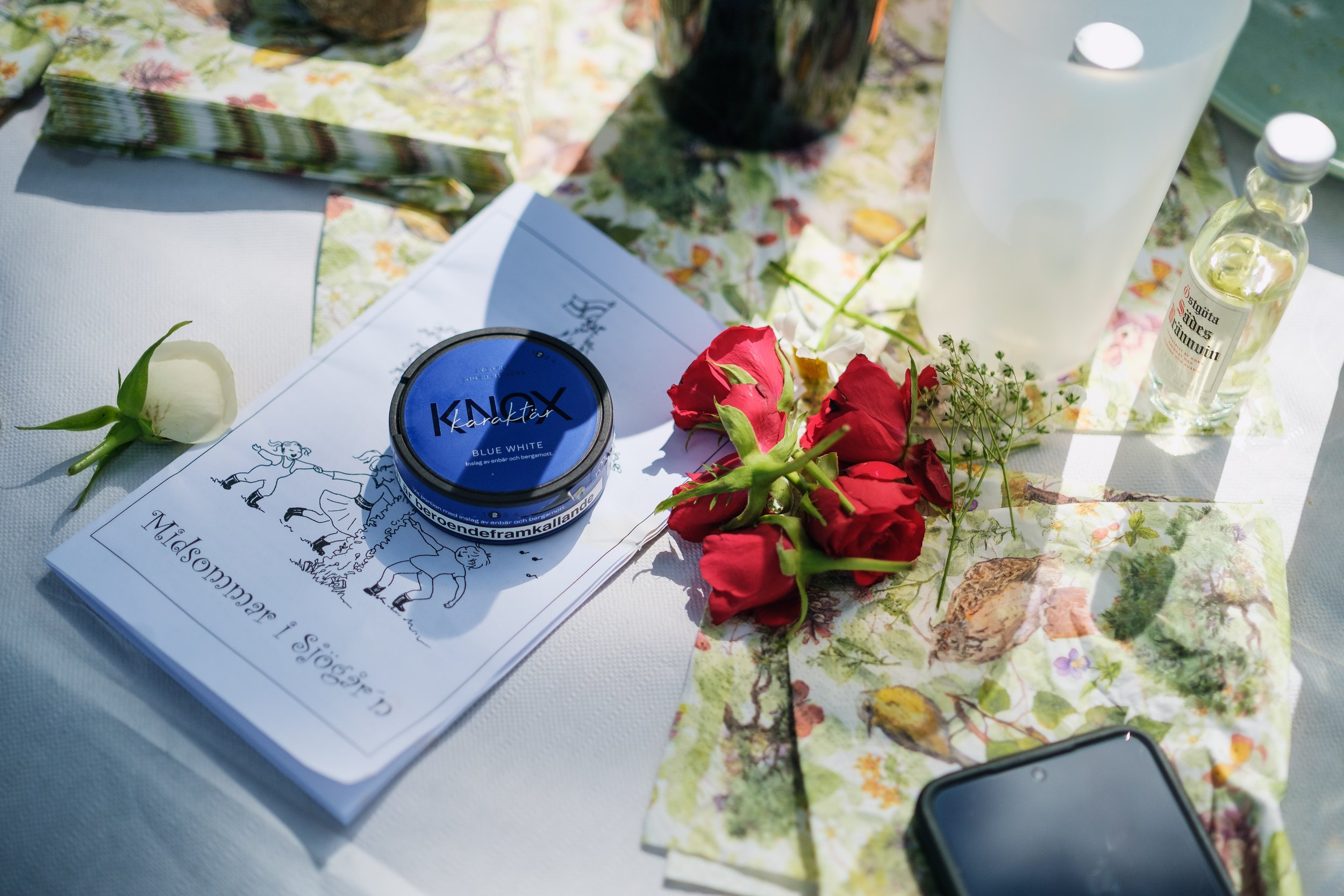 En bordsdukning med ett antal rosa rosor, en flaska med vätska, en rund blå vitprodukt, ett svart mobiltelefonskal, ett brev med text och en servett med ett mönster. Solis lysar över bordet.