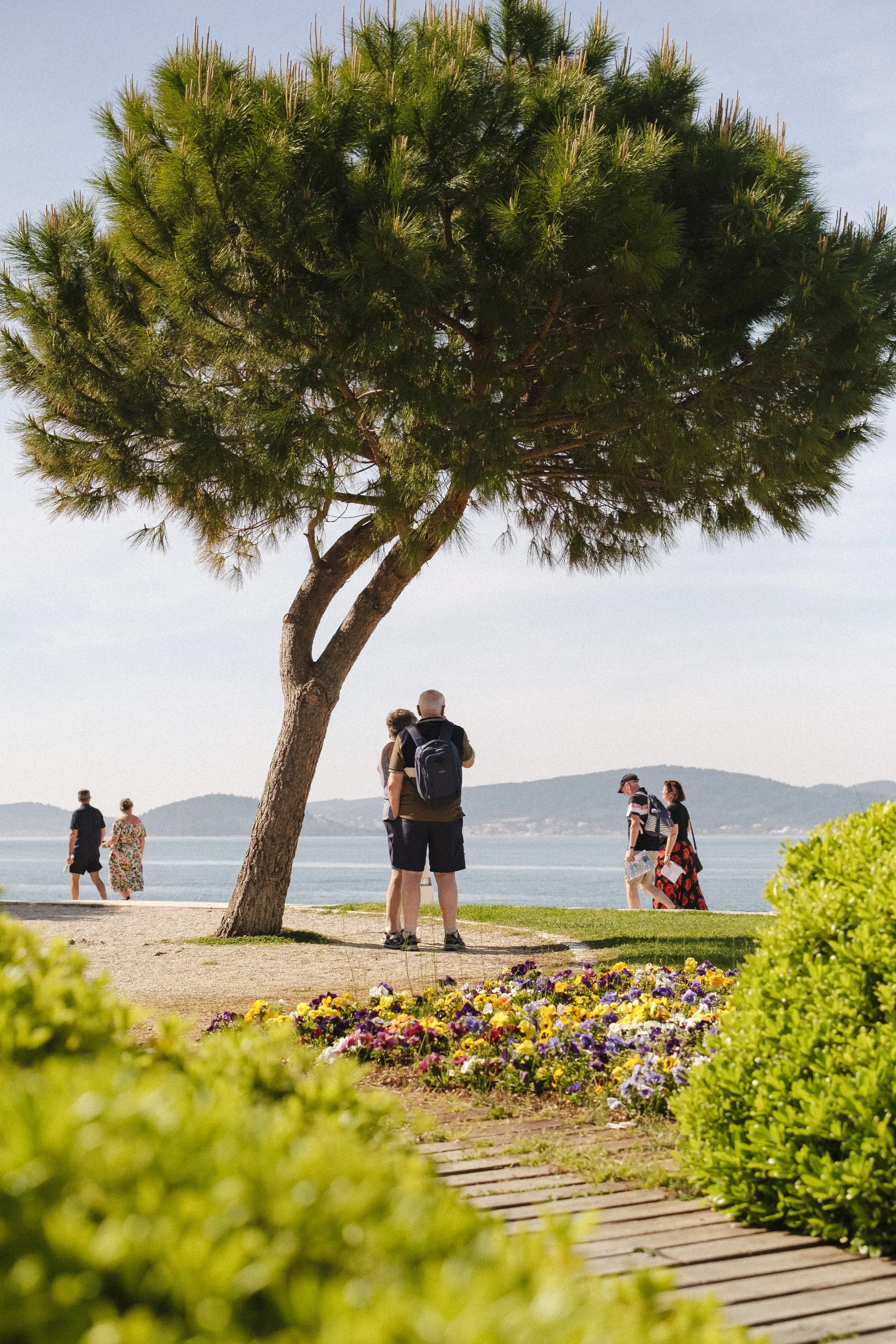 Människor promenerar vid vattnet med en solig himmel, träd, blommor och en bergskull i bakgrunden.