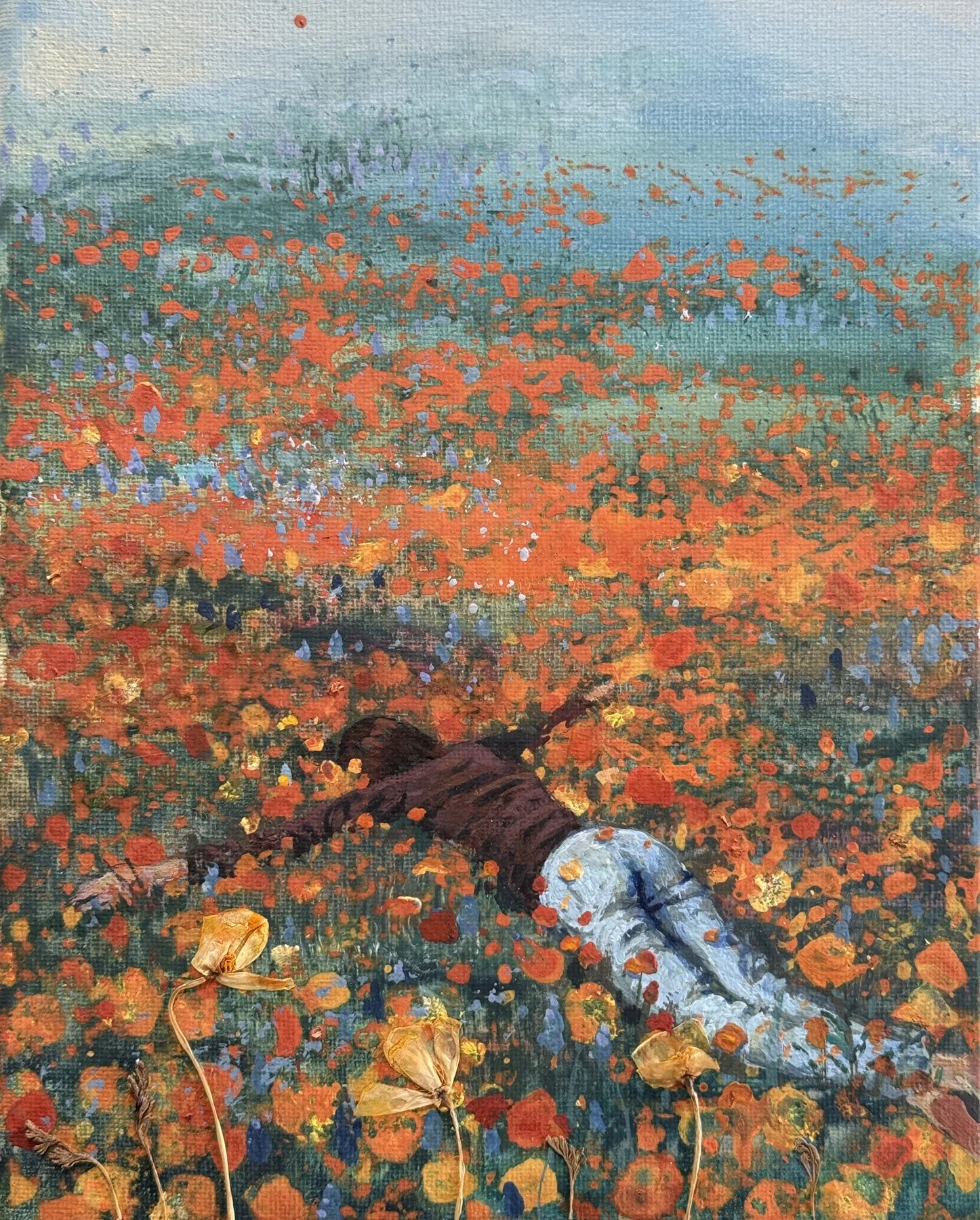 “Embracing”, 8”x10”, Gouache, Acrylic, and Dry California Poppy Flowers on Canvas, 2026
