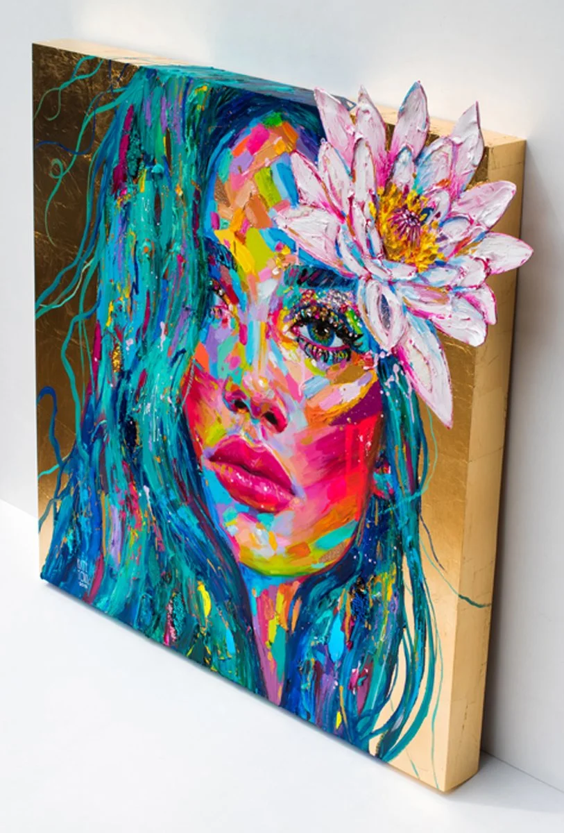 Queen Of The Bayou, 30x30, Acrylics, gold leaf, glitter, rhinestones and sequins on wood, 2019 by KATE TOVA-10.jpg