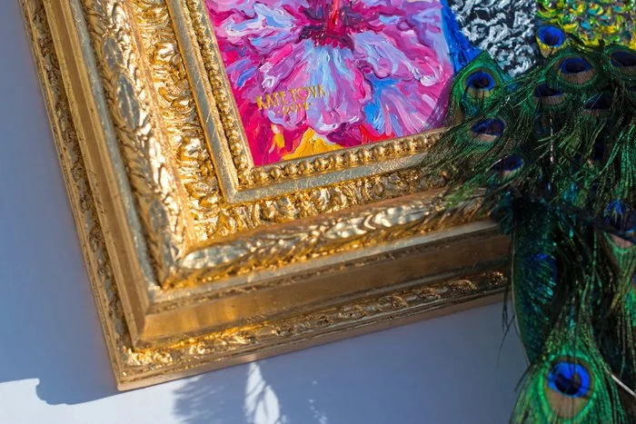 Rái-23.5-x-64-Oil-on-Mirror-real-peacock-feathers-watercolor-paper-acrylic-paint-glitter-crepe-paper.-Hand-gilded-wood-frame.-2018-by-KATE-TOVA-7.jpg