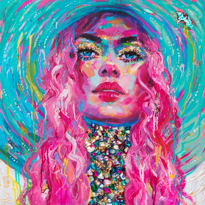 Blue-hat-24x24-Acrylics-gold-leaf-glitter-rhinestones-and-sequins-on-wood-2019-by-KATE-TOVA.jpg
