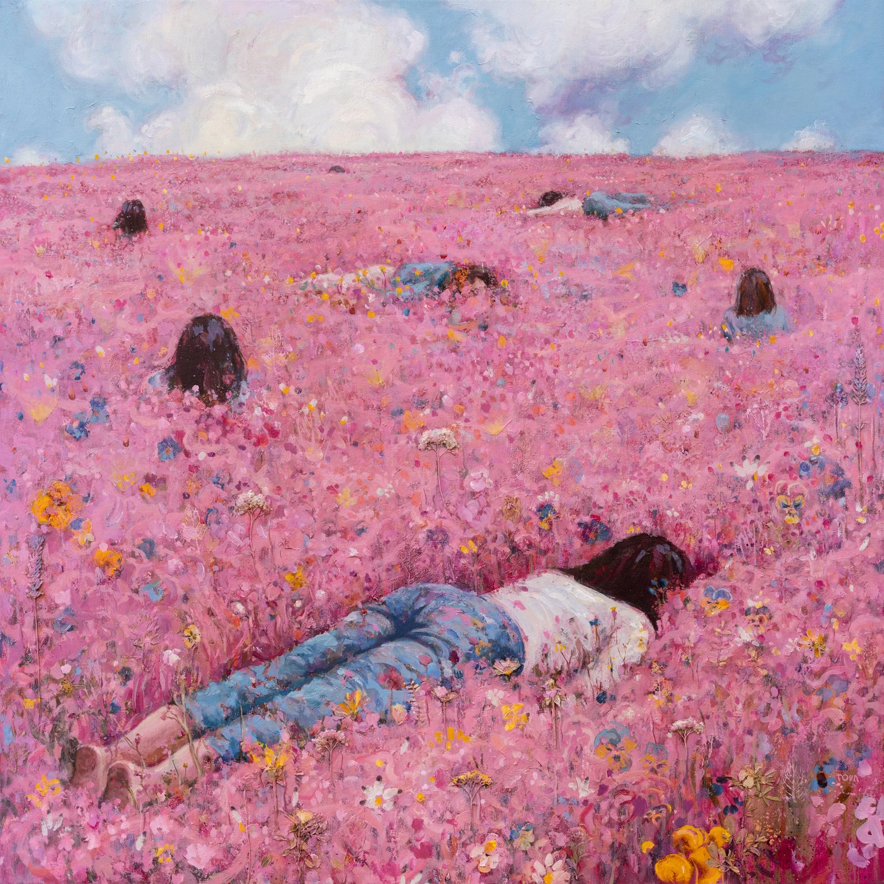 “Let Me Be Still”, 36”x36”, Oil, dry flowers, acrylic, on clear primed linen, 2025
