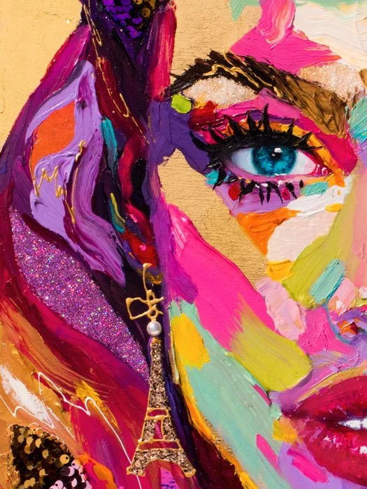Emily, 18x24, Acrylics, sequins, gold leaf on wood, 2018 by KATE TOVA 2.jpg