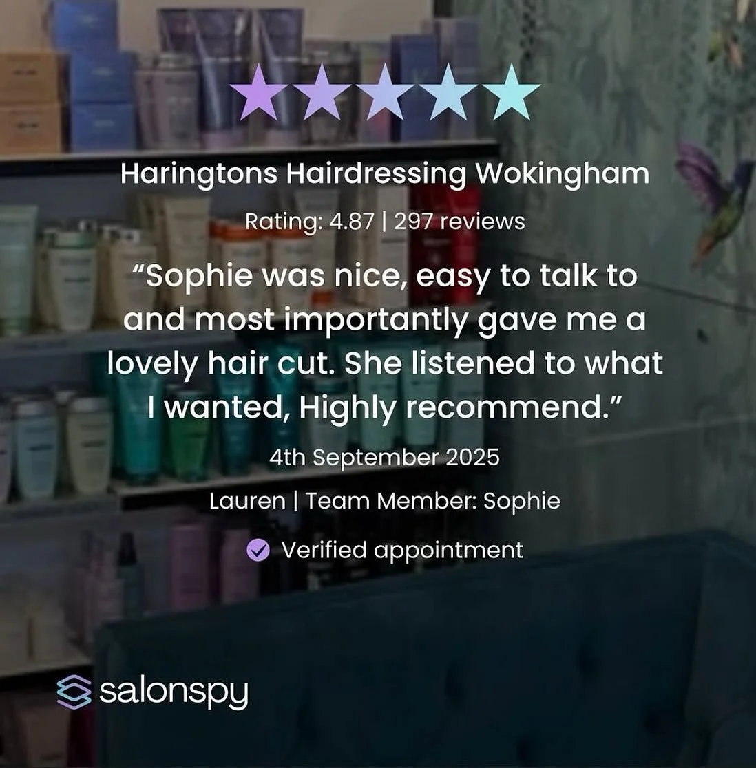 Great review for @haringtonswokingham 🌟🌟🌟🌟🌟 
Nothing makes us happier than seeing our clients leave with a smile! 

Thank you for sharing your experience 💛 
Well Done Sophie ✨

#5starservice #HappyClients #Haringtons #SalonSpy #wokingham #harin