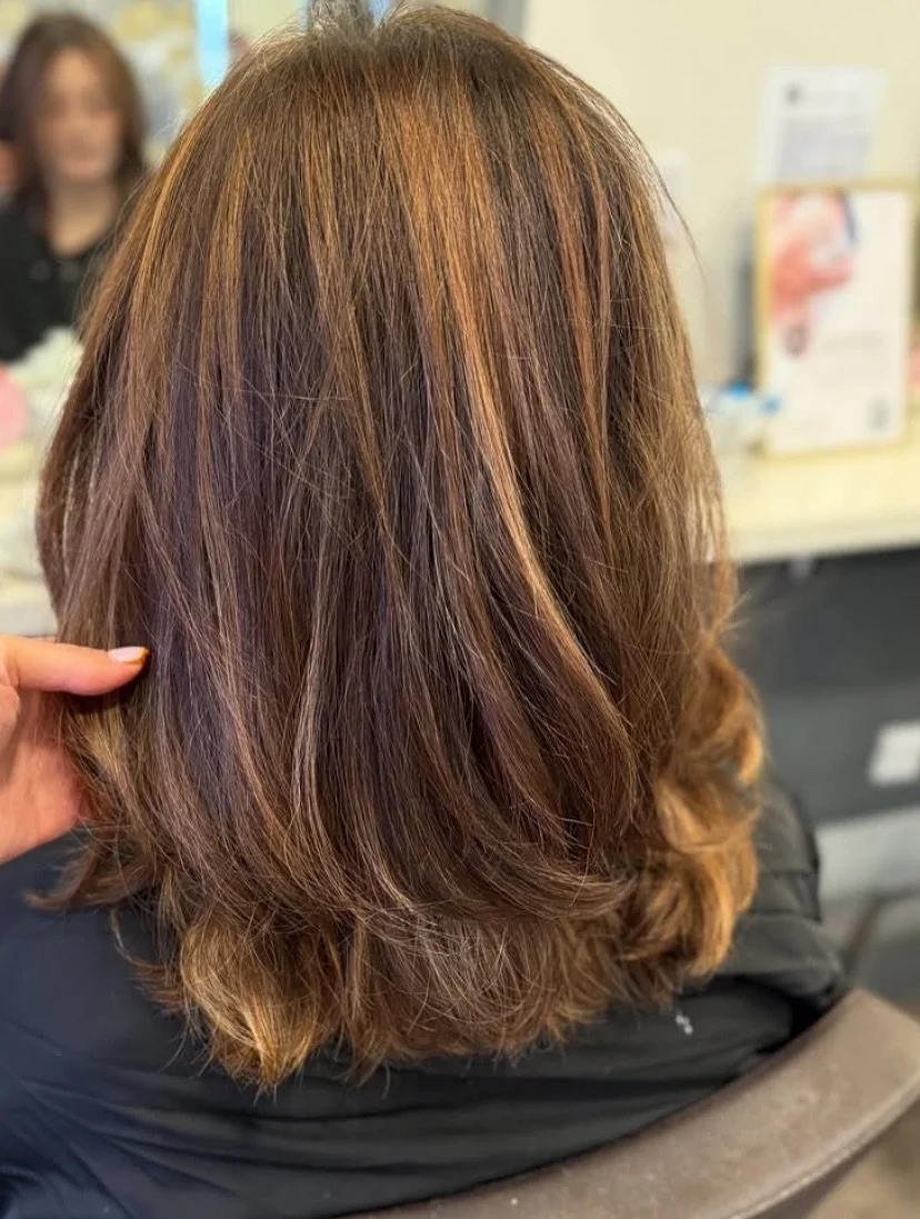 ✨🍂 Fall in love with this stunning Brunette Lob! 🍂✨ Our talented stylist, Grace, has crafted this gorgeous long bob with beautiful caramel tones that perfectly complement the current vibes. 🍁🍂 

Whether you&rsquo;re sipping on winter lattes or en