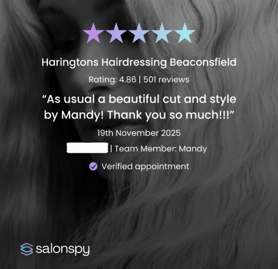 What a lovely review for Mandy! &mdash; Thank you!✨ @salonspy #review #salonspy #5stars #reviews #hairdresser #happyreview #thankyou