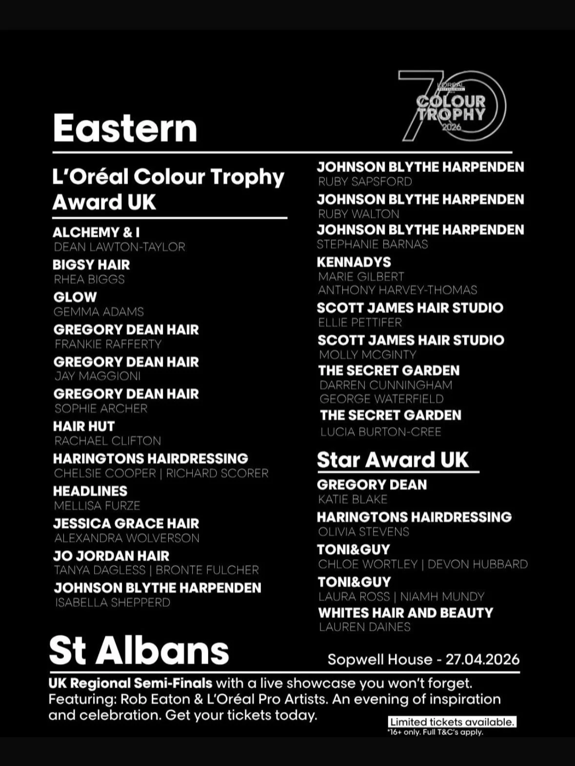 Swipe through to meet our semi-finalists ➡️
We&rsquo;re beyond proud ✨

L&rsquo;Or&eacute;al Colour Trophy UK Semi-Finals🤍👏
A huge achievement and a true reflection of the creativity, passion, and hard work they bring every single day. We can&rsquo