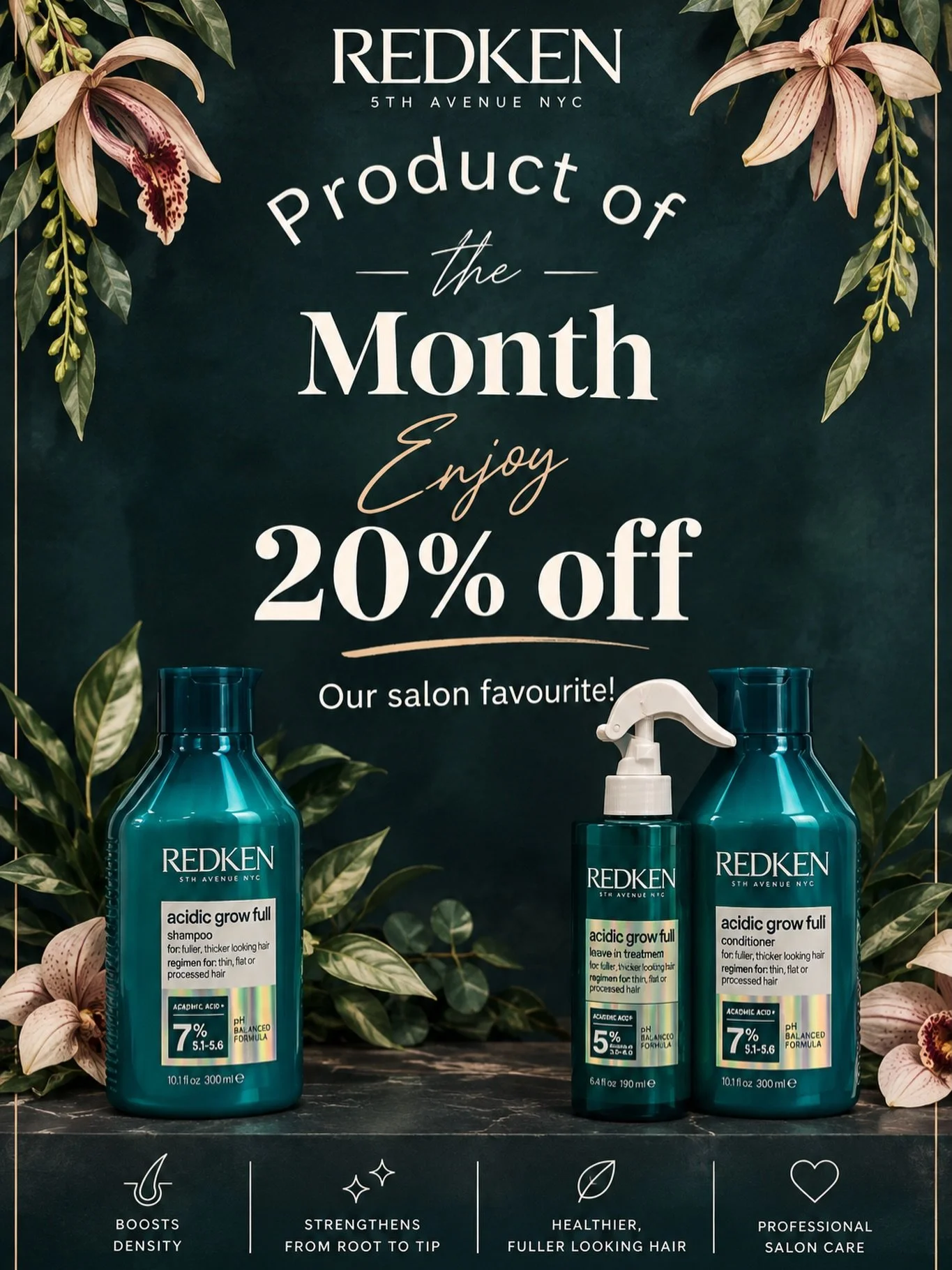 ✨ PRODUCT OF THE MONTH ✨
 
Redken Acidic Grow Full 

Designed to help give hair a fuller, denser looking appearance while strengthening from root to tip, leaving your hair looking healthier and fuller. 🌿✨

💙 Enjoy 20% OFF throughout October!

Ask y