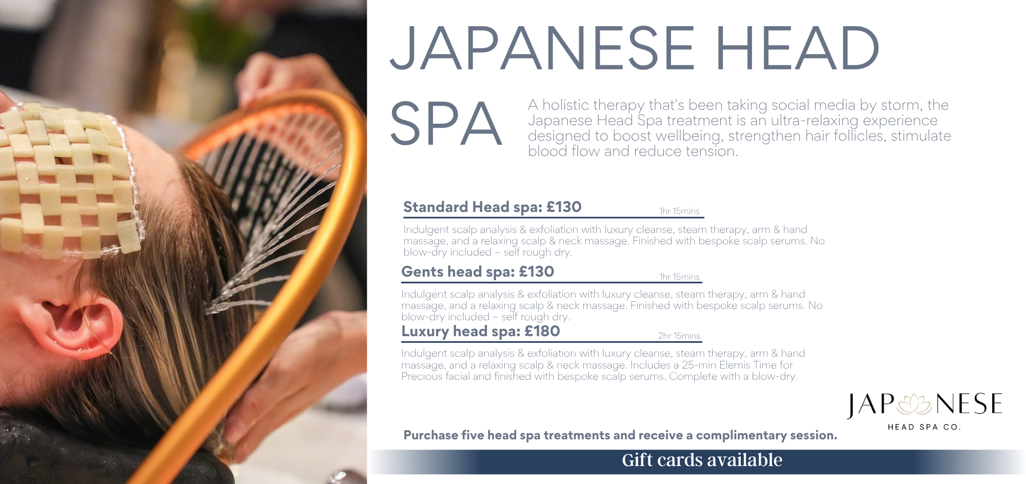 A person receiving a Japanese Head Spa treatment, with a massage head cap and water spraying on their scalp at a spa center.