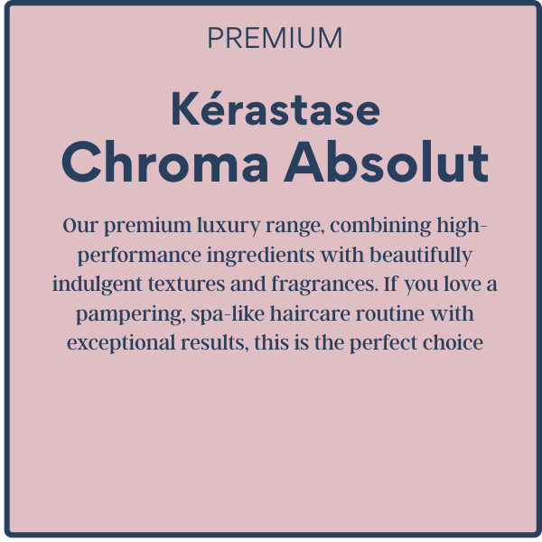 Advertisement for Kérastase Chroma Absolut premium haircare, describing its luxurious ingredients, textures, and fragrances for spa-like hair routine.