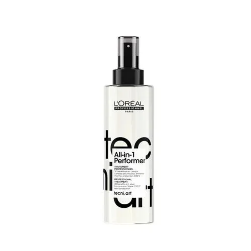 L'Oreal All-In-1 Performance treatment spray in a white bottle with black text and a spray nozzle.