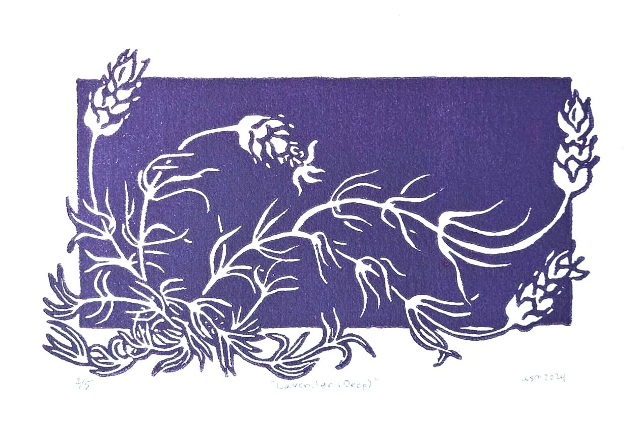 "Lavender (Deep)", 2024, Linocut, 6"x4"