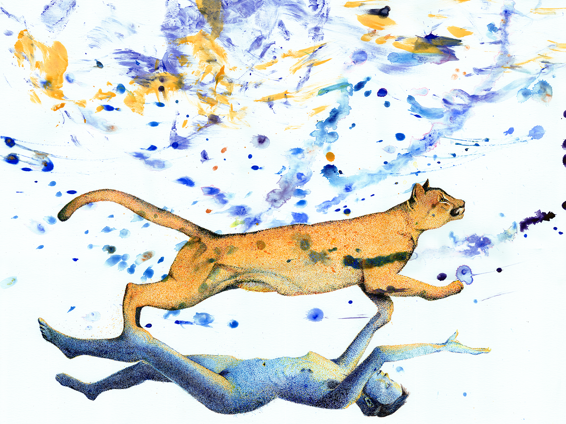 "Self Portrait as Mountain Lion #2" Acrylic ink and watercolor on paper, 2026, 24"x18"