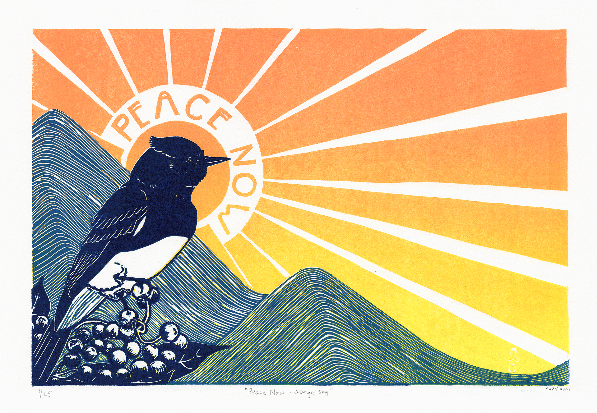 "Peace Now - Orange Sky", Limited edition linocut print, 12"x8"