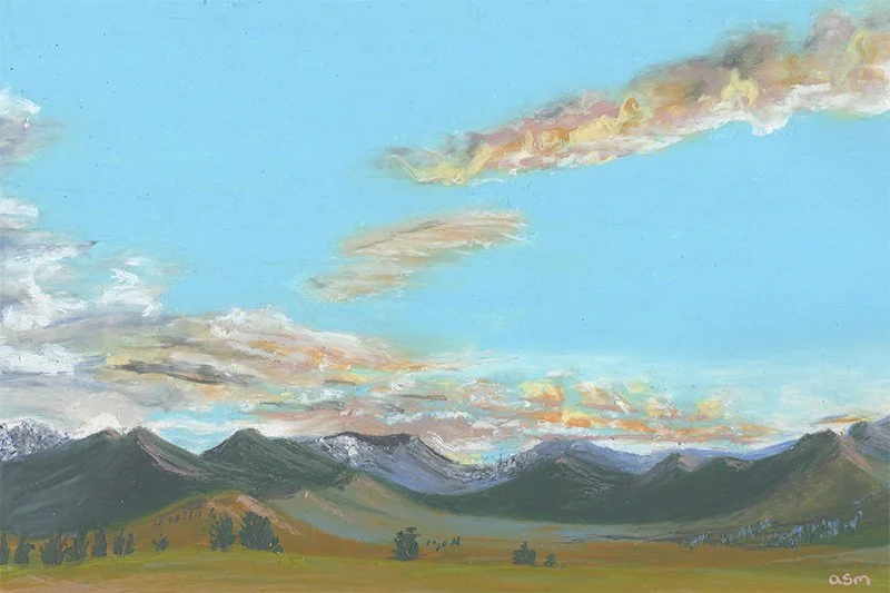 "Clouds Over Cascades", 2023, Oil pastel on paper, 12"x8"