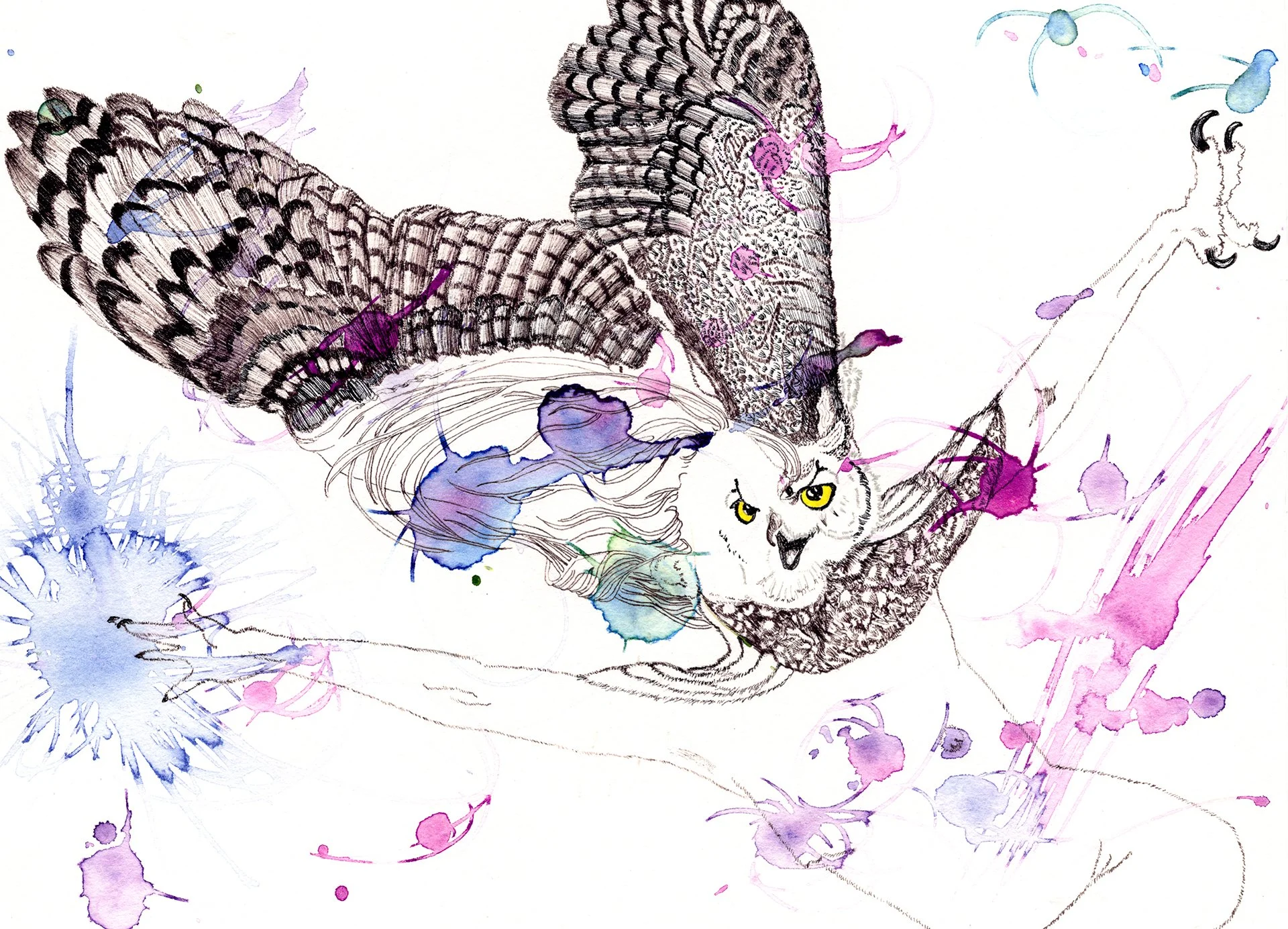 "Self Portrait as Great Horned Owl #2", 2023, fine liner marker and watercolor on paper, 12"x9"