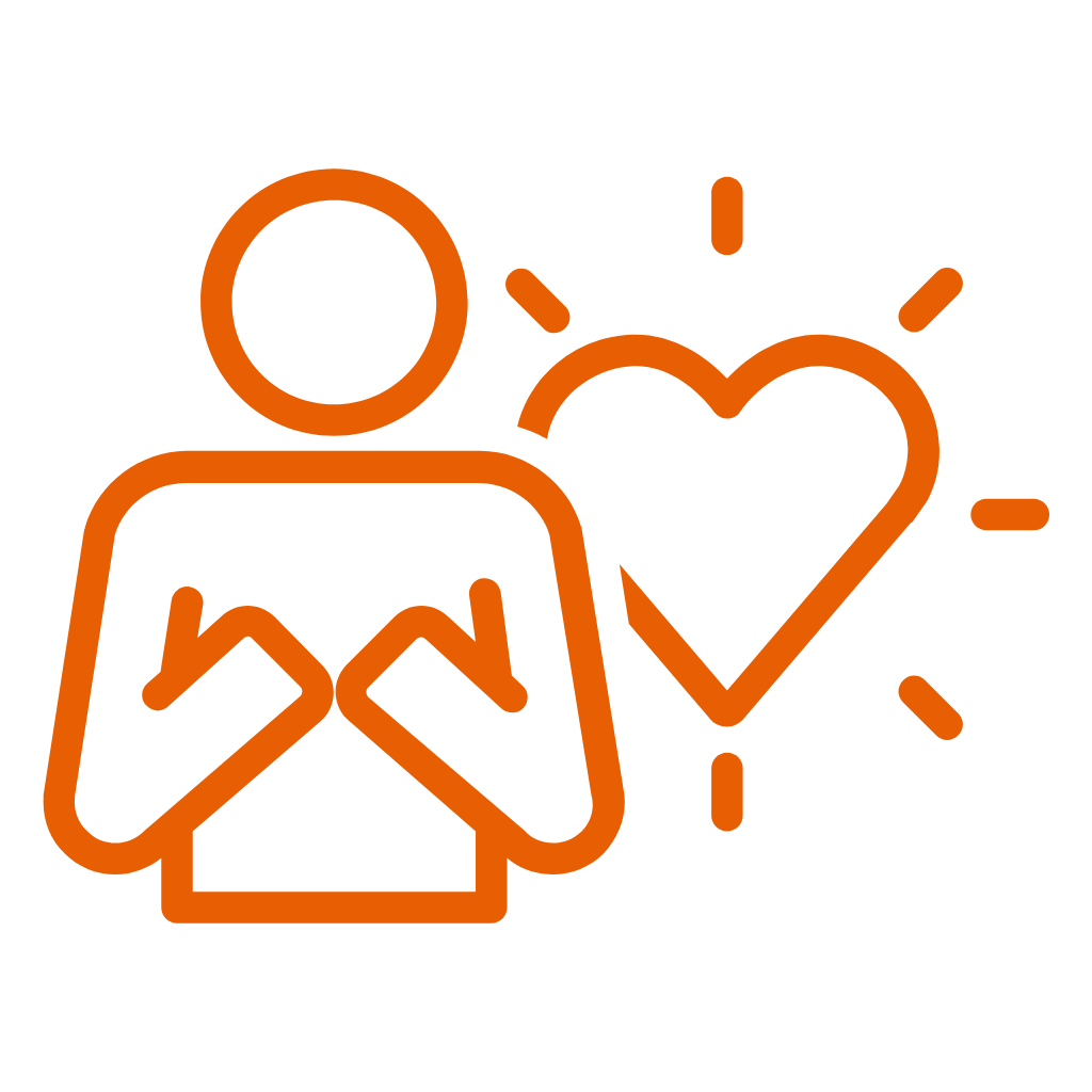 An orange outline icon of a person with a heart and rays of light around the heart, symbolizing care and compassion.