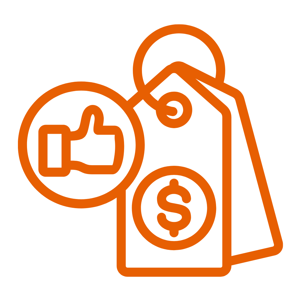 Icon of a price tag with a dollar sign, a badge with a thumbs-up symbol, and a currency symbol.