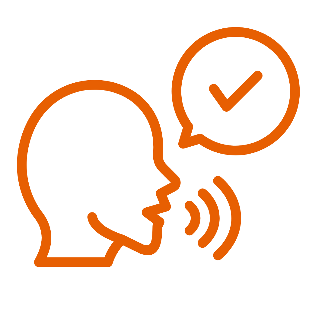 Icon of a person speaking with a speech bubble containing a checkmark, representing communication or speech validation.