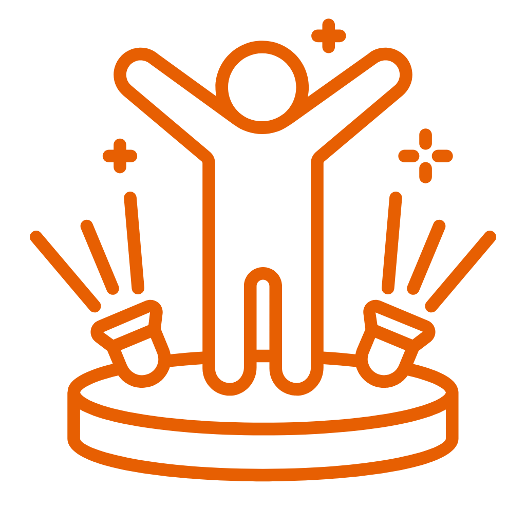 Minimalist orange line drawing of a person celebrating on a cake with sparklers, surrounded by small decorative sparkles.