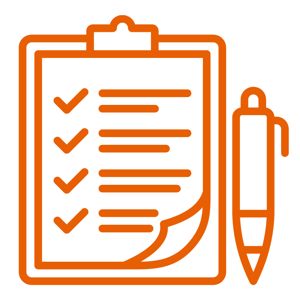 Outline icon of a clipboard with checkmarks and lines of text, accompanied by a pen, all in orange.
