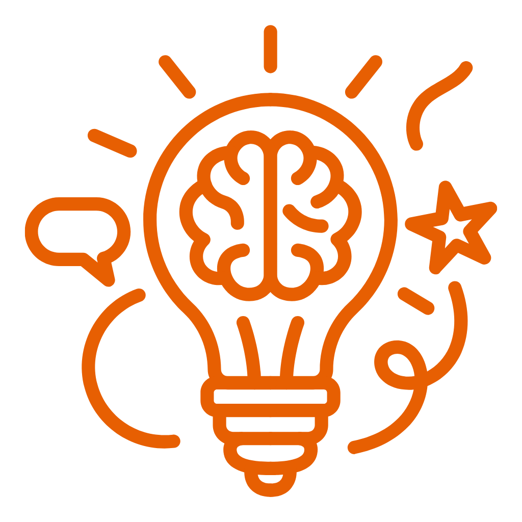 Orange outline of a light bulb with a brain inside, surrounded by thought bubbles, star, and lines indicating ideas or creativity.