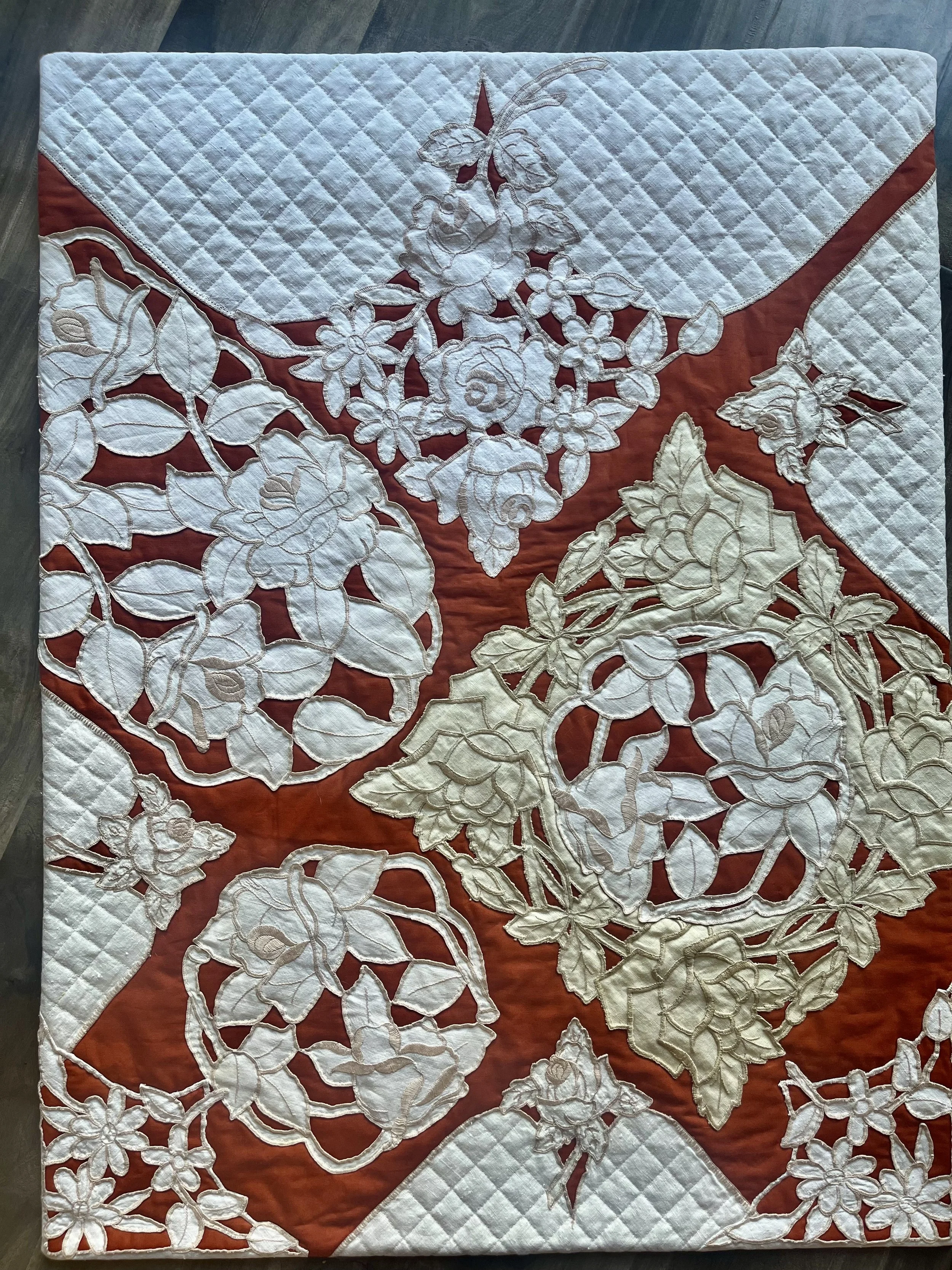 Wall hanging made to showcase heirloom cutwork embroidery -- paid commission