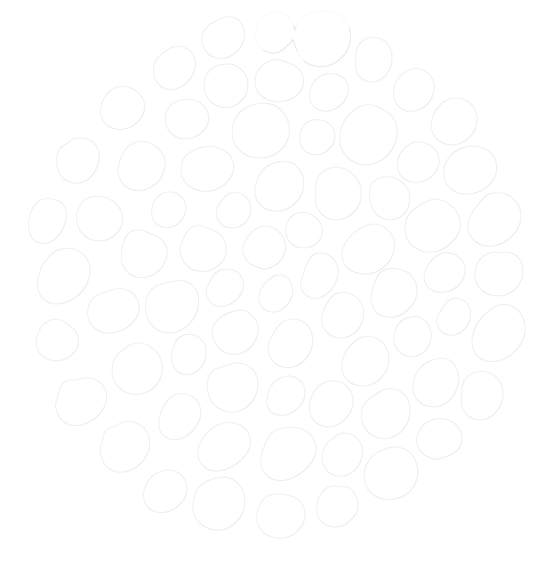 Black background with white circular shapes arranged in a semi-structured pattern, some overlapping.