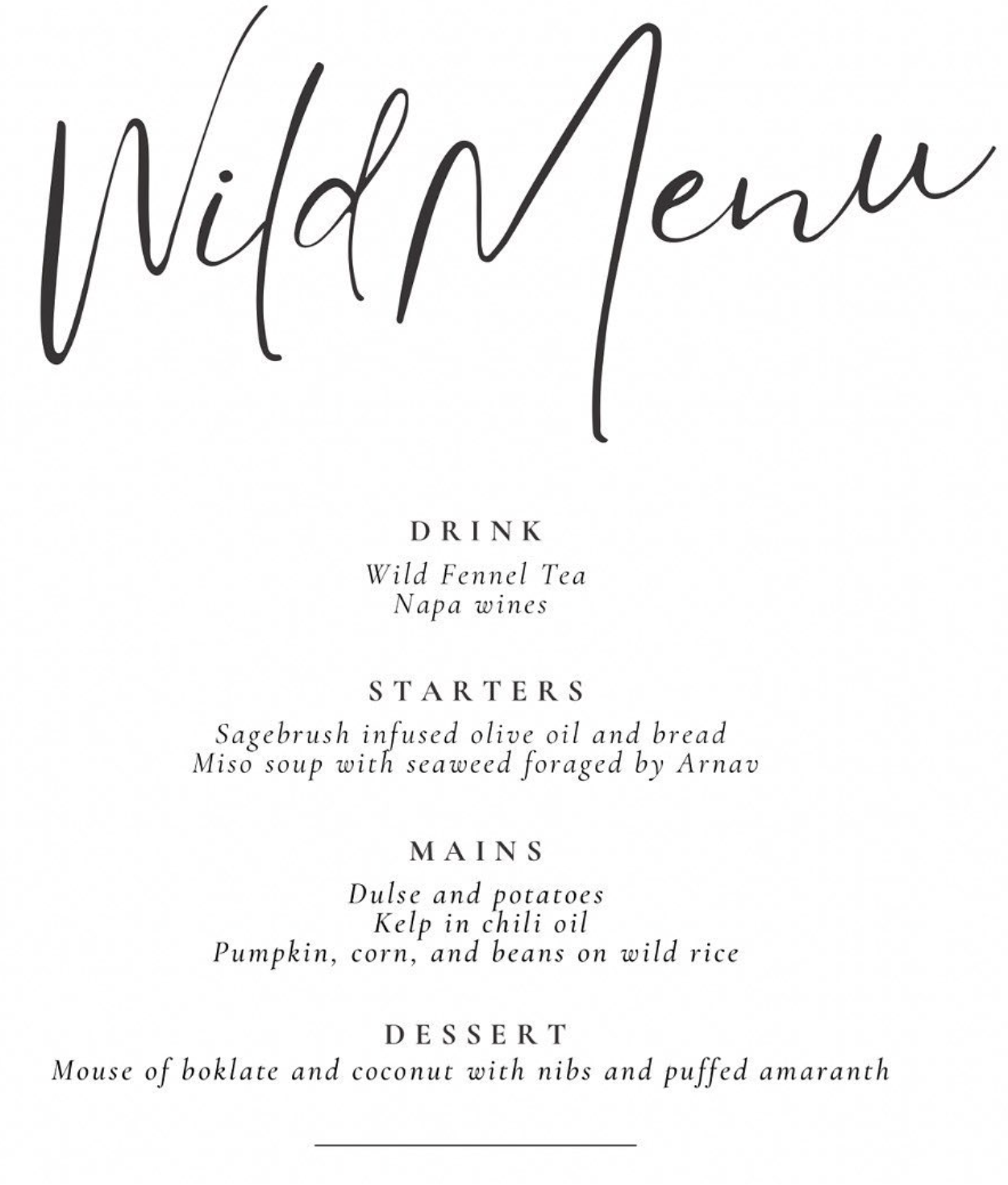 menu for wild food dinners for wild harvest and restoration fund