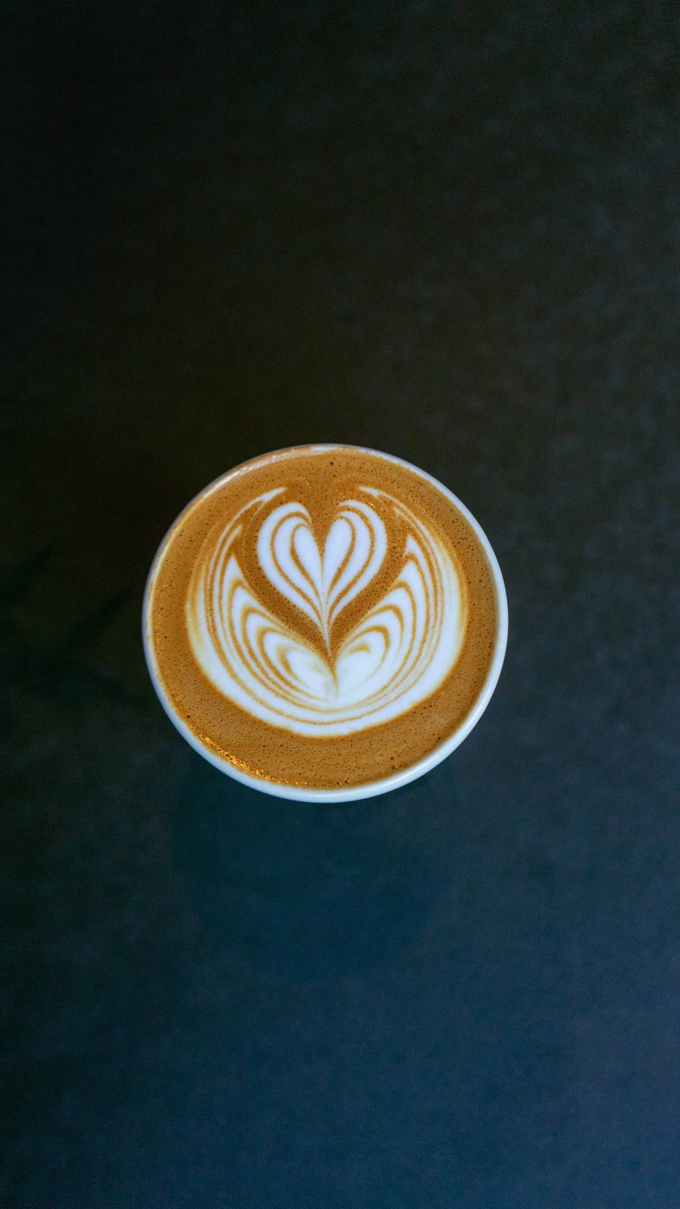 Top-down view of a latte with intricate latte art in a white cup on a dark surface.