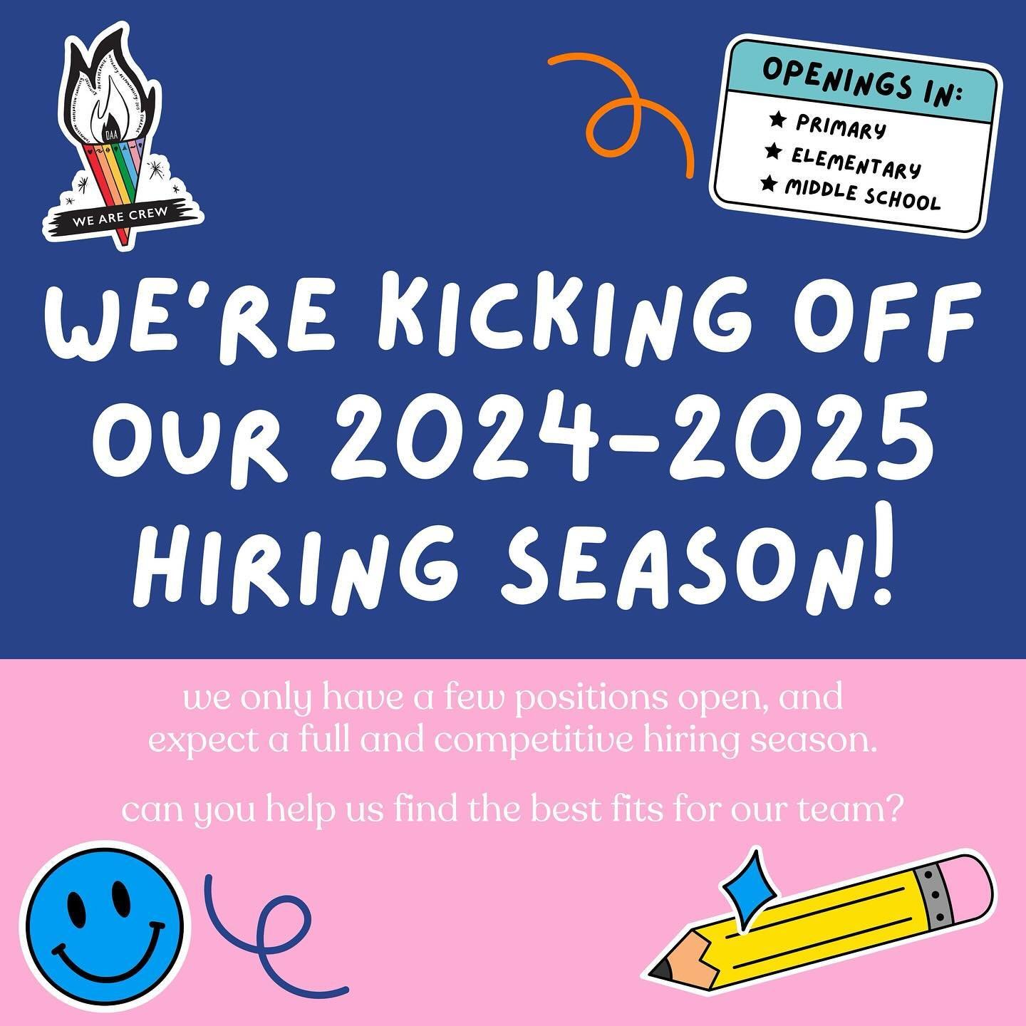 Our 2024-2025 hiring season is officially OPEN! We are so excited to find the perfect teammates to join our adult crew! Scroll ➡️ to browse a handful of our great positions open! 

We already have heard from some amazing candidates, and expect these 