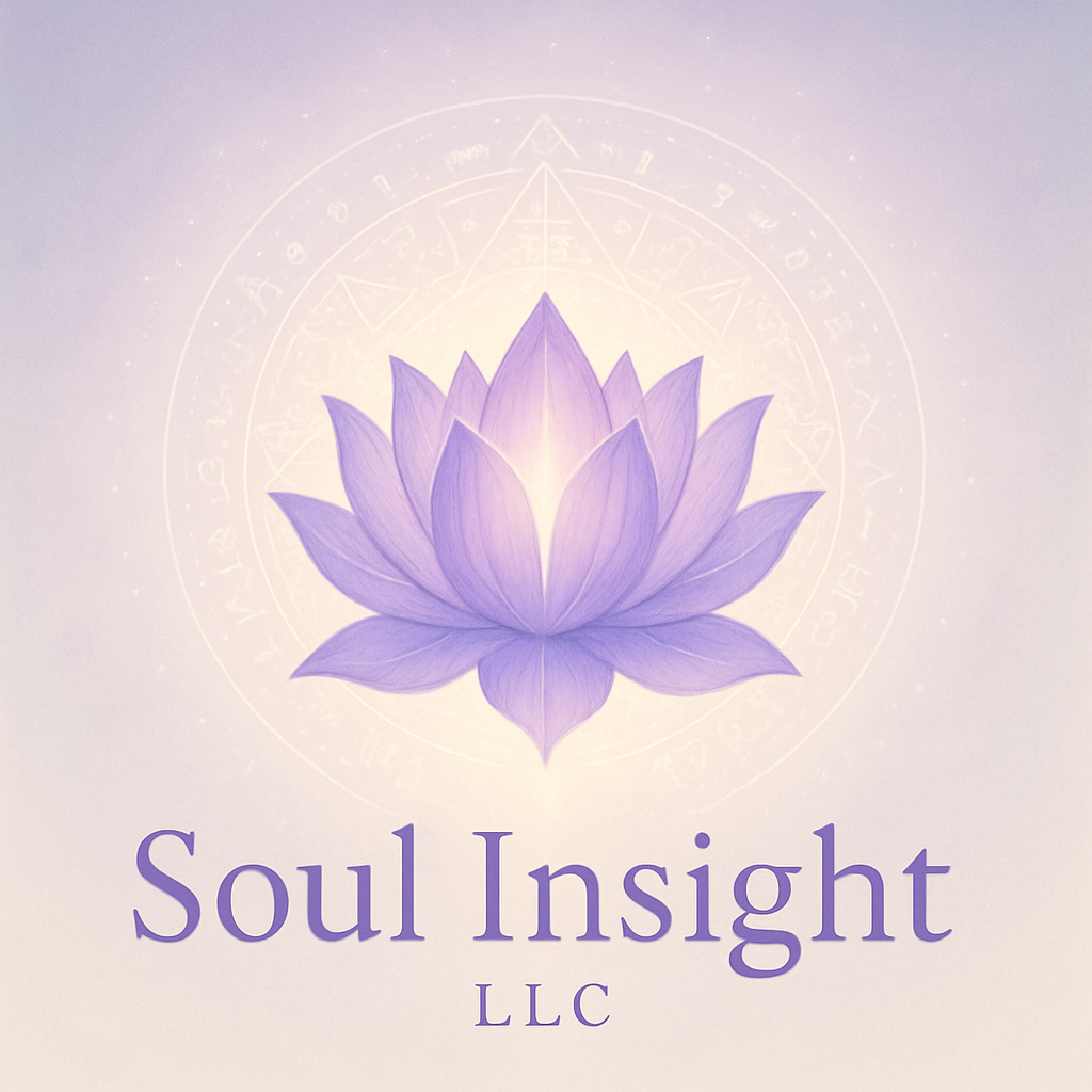 A logo featuring a purple lotus flower with glowing light at its center, surrounded by faint mystical symbols, with the text 'Soul Insight LLC' underneath.