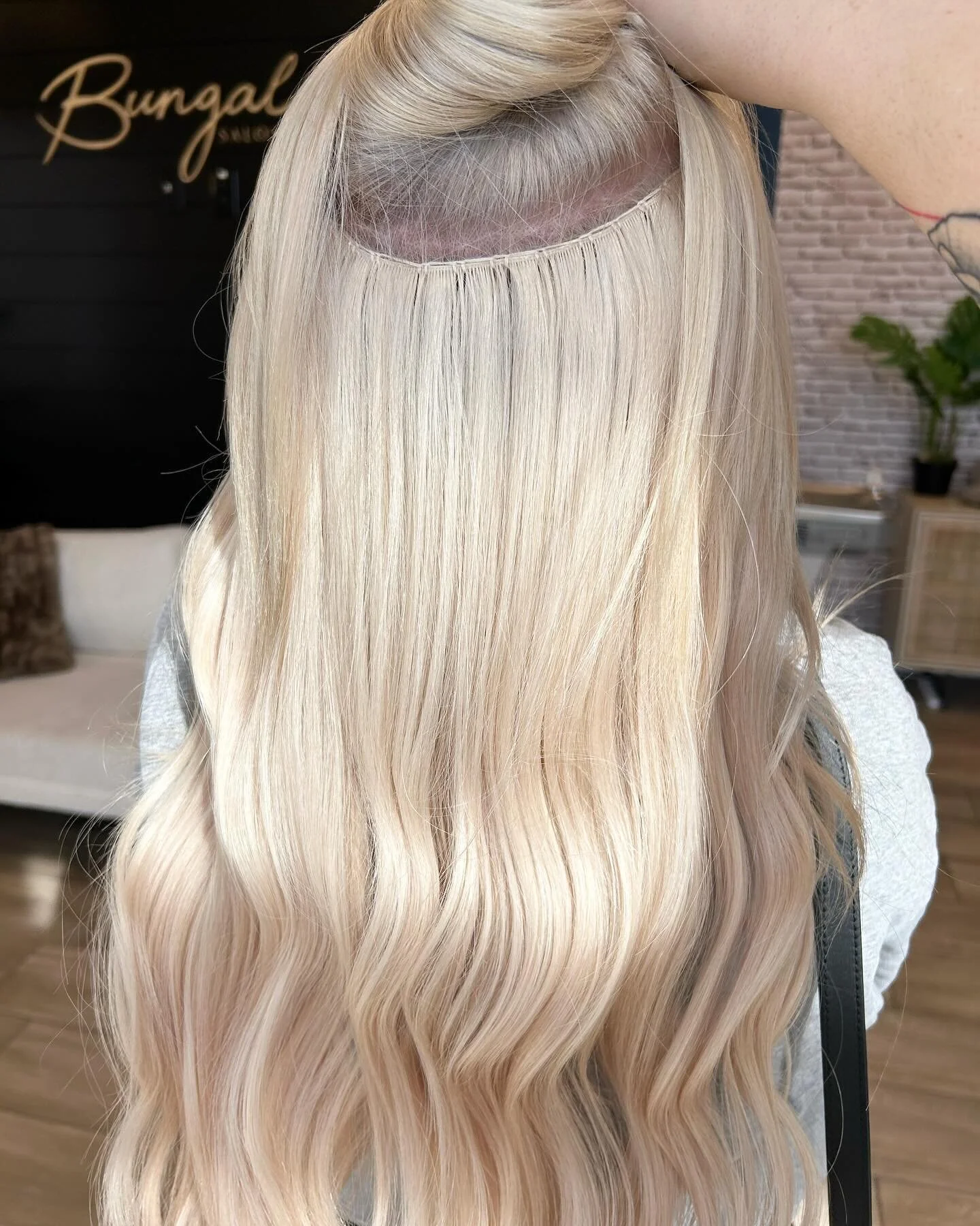 Platinum blonde and 22in hand tied extension on one of my favorite people 🤍