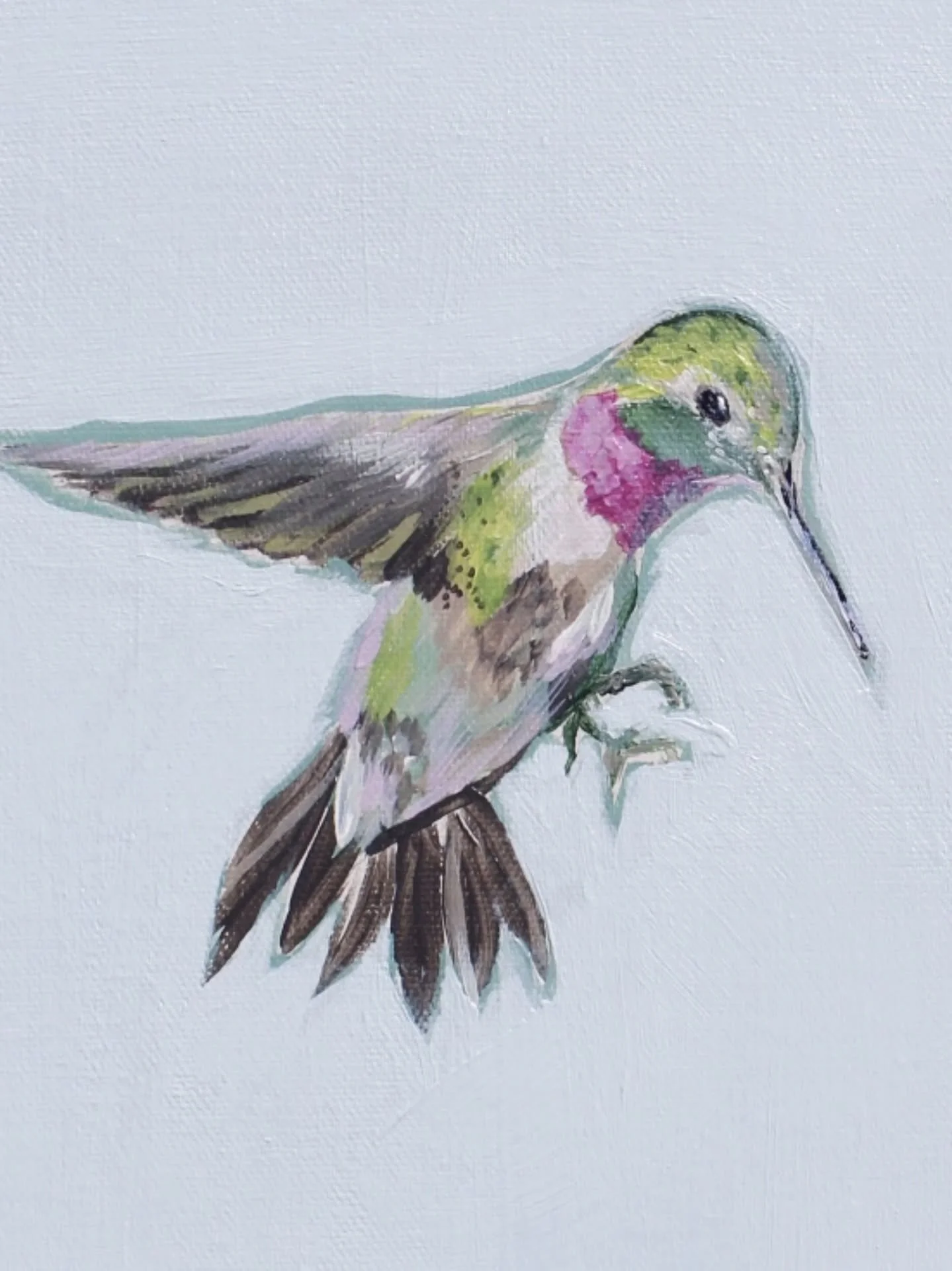 This hummingbird piece, "Edge of Beginnings," features one of my favorite hummingbirds yet, full of color, and a glowing teal outline because this piece used to be painted a teal color. Look closely! I love how you see the teal peeking out 