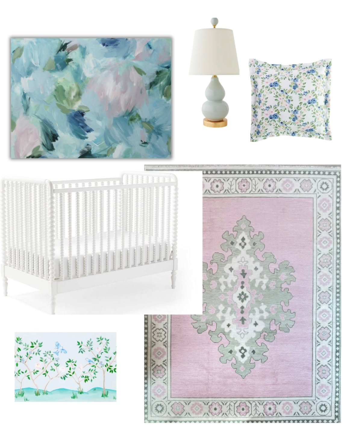 Are you expecting in 2026?! This painting is 30x40 inches, a perfect size for over a crib, and I think it would look beautiful in a nursery or girl's room! I pulled together this inspiration for a feminine and timeless nursery with pink, green and bl