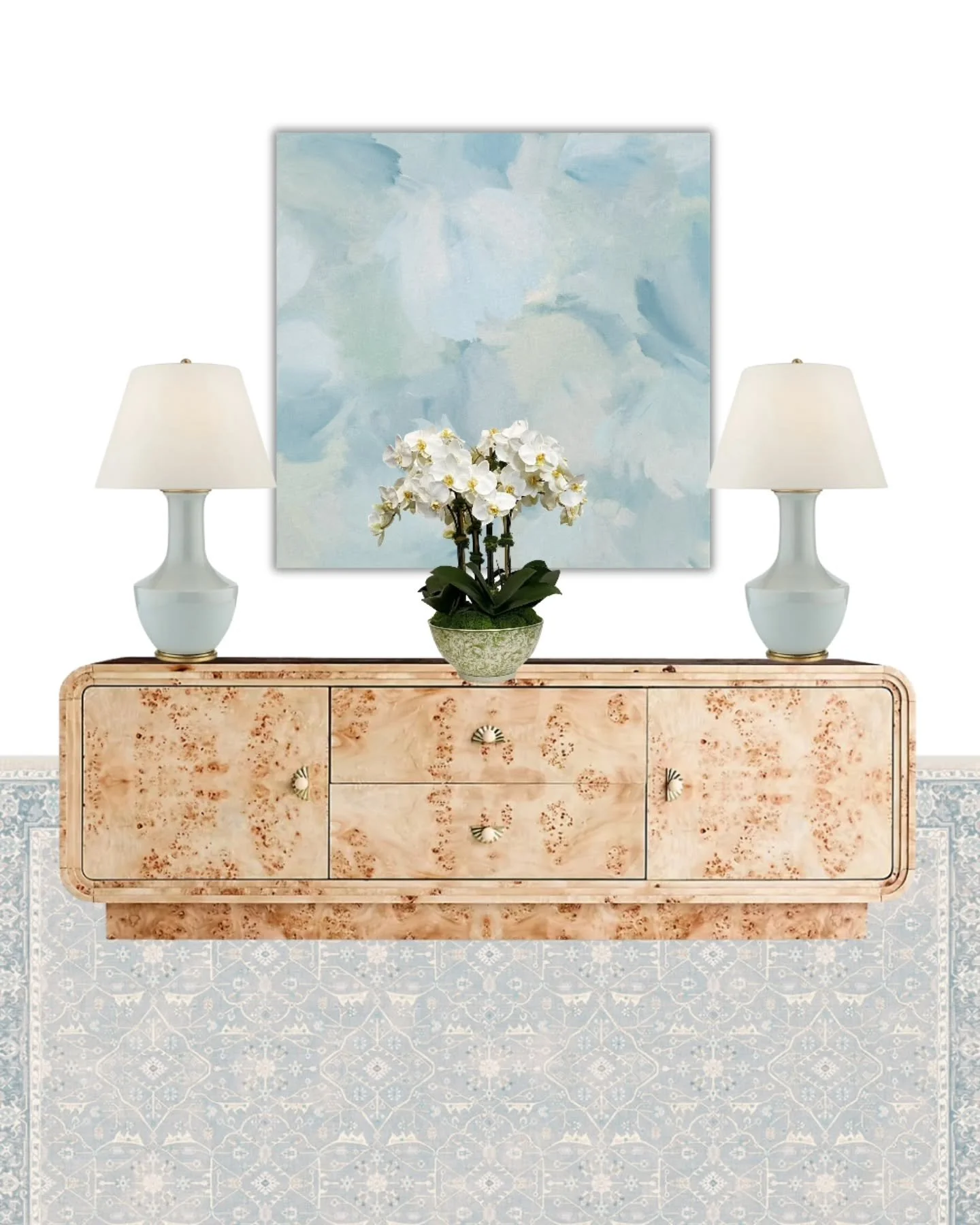The perfectly blue painting to anchor a space! 

It complements traditional furniture, modern burl, and contemporary lighting. It serves as a pop of blue to build cohesion in a room, with touches of sage green to add warmth. It's subtle, but brings a