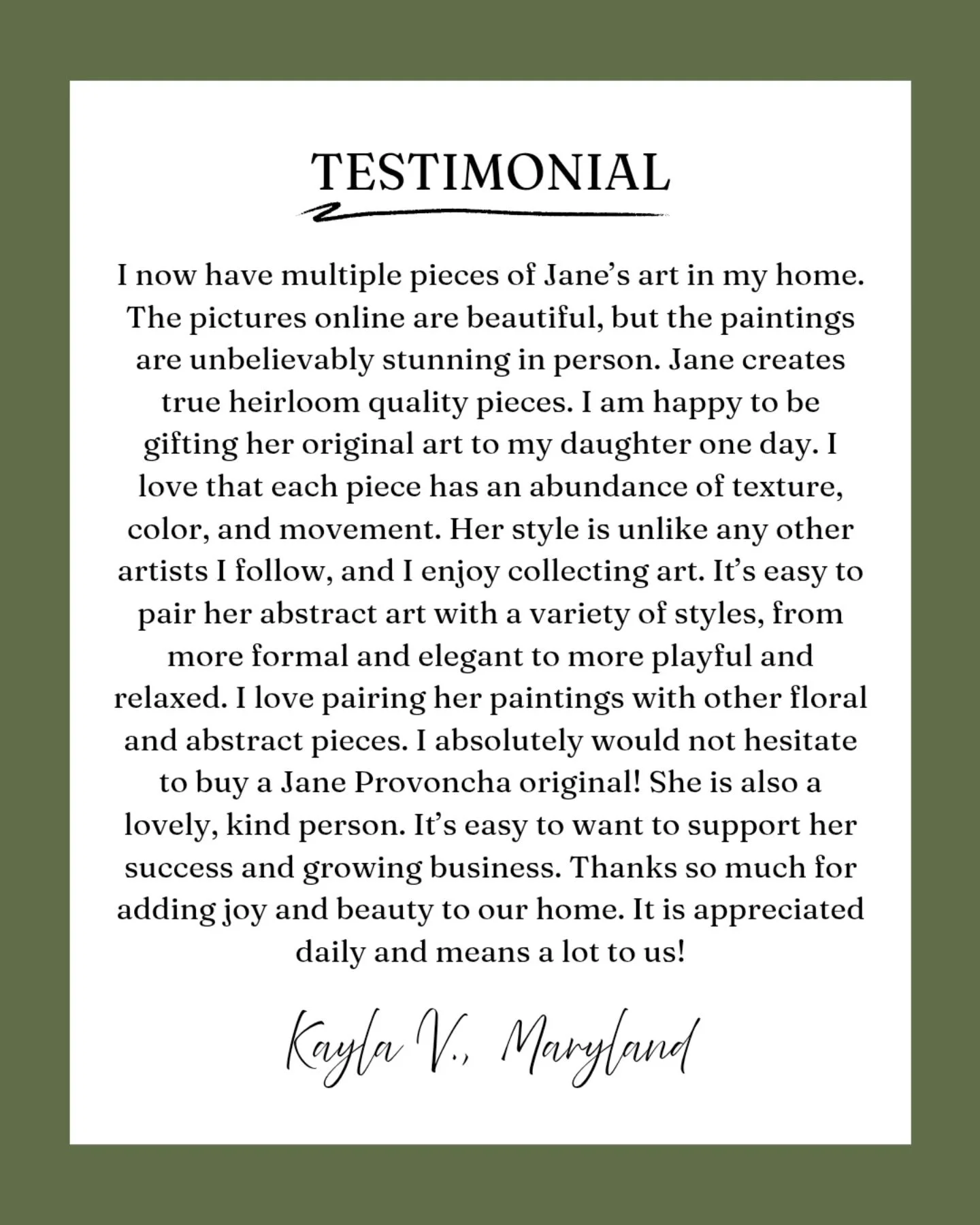 A collector sent me this testimonial, and it means so much to me! It's the best stamp of approval when my clients become repeat collectors, and recommend my work to family and friends. 

This collector has an impressive and diverse art collection, an