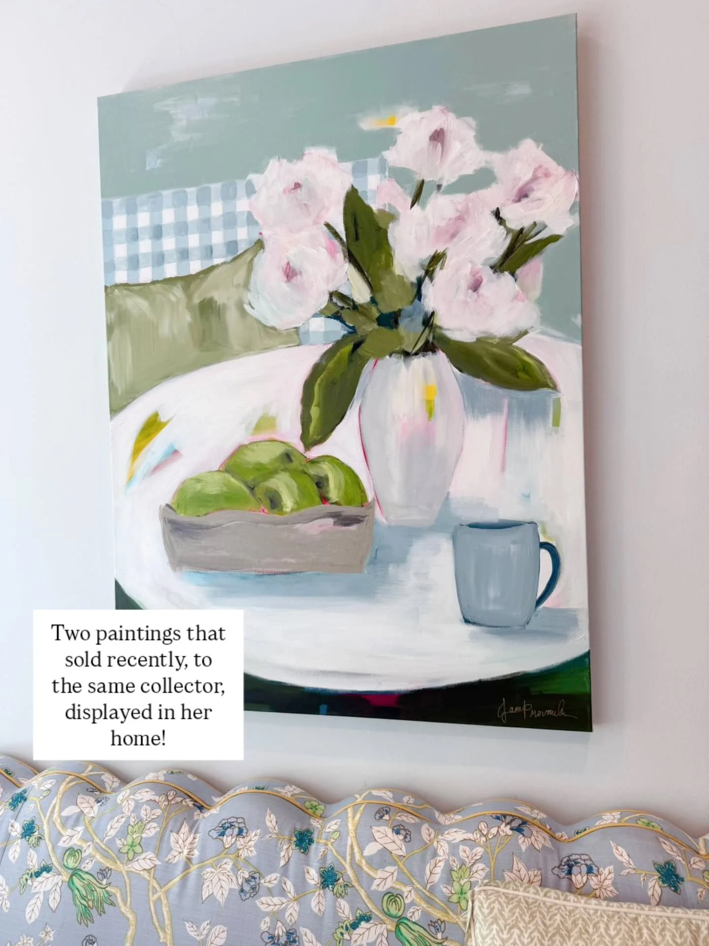 Over a beautiful banquette is EXACTLY where I pictured this tablescape painting, and I'm so glad my collector brought the vision to life!

And look at the second photo- the picture of elegance with the checkerboard tile, glistening gold frame, beauti