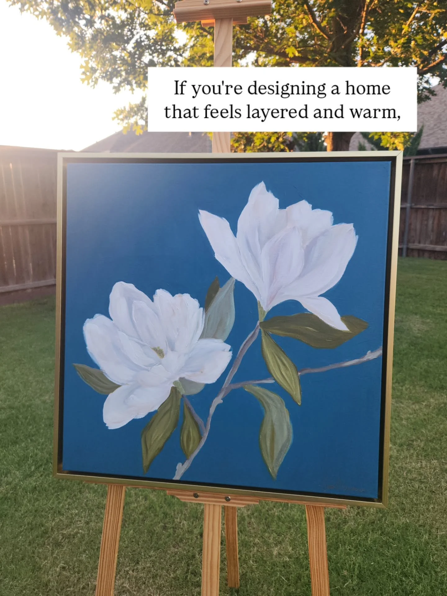 Two square magnolia paintings awaiting their forever home 🤍 Swipe to see these two originals washed in golden hour light! 

Yesterday I shared a Nashville client's hummingbird painting in a layered, collected nook in her home. Either (or both, stack