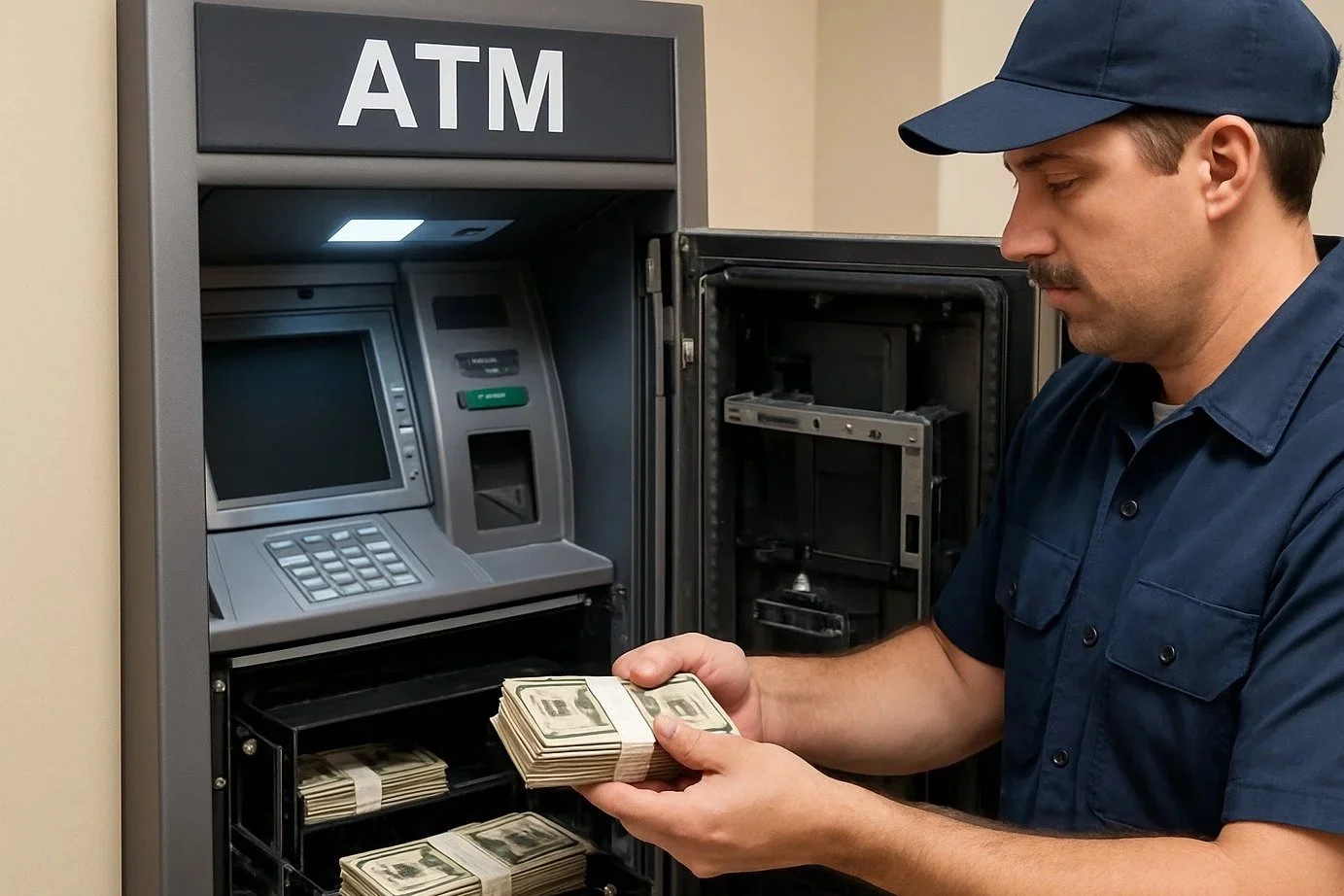 Technician inserting cash into an ATM during a loading service.