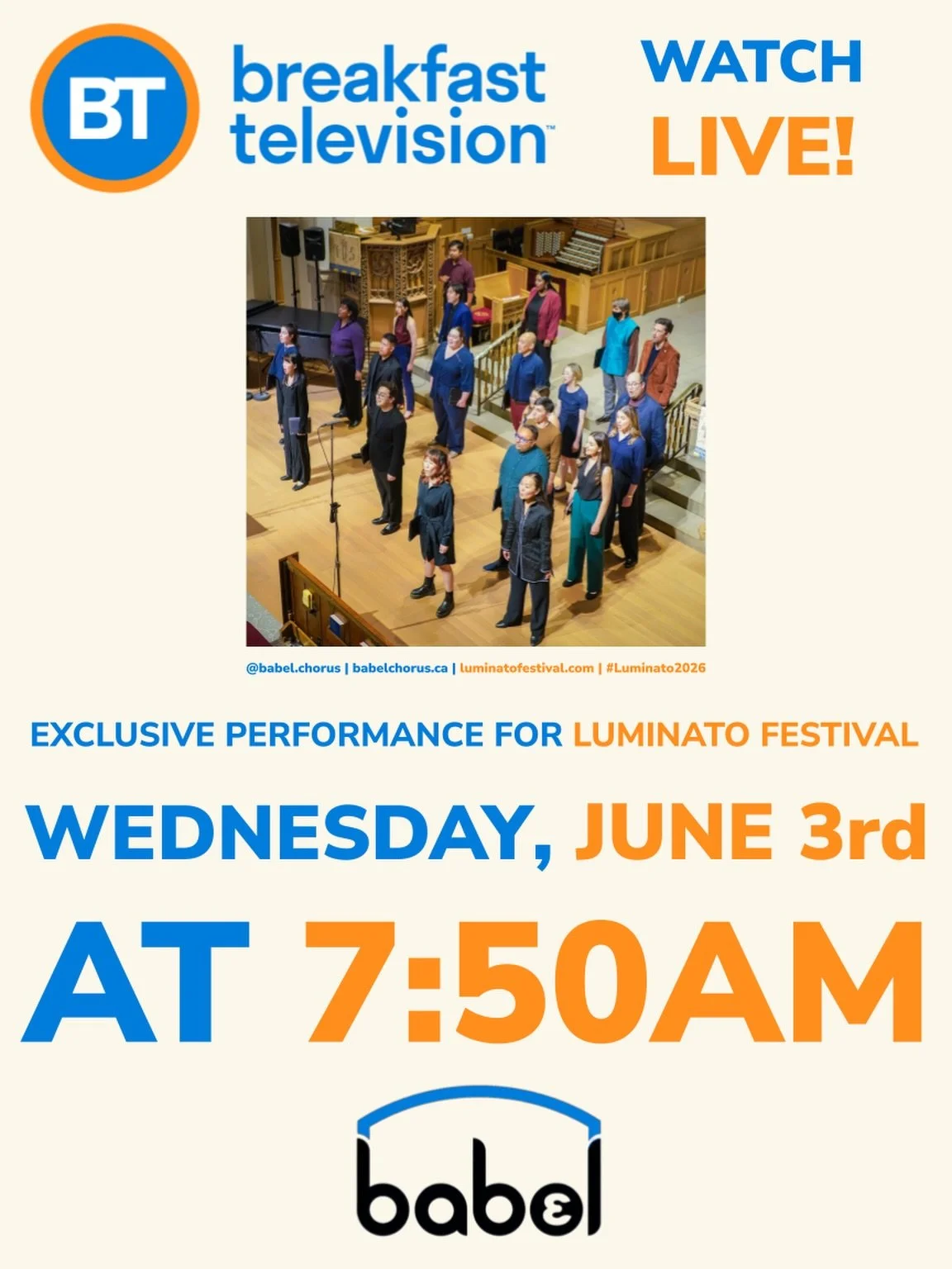 Save the date! We can&rsquo;t wait to perform live later this week on @breakfasttelevision in celebration of the @luminatofestival. Check us out on Wednesday, June 3rd at 7:50am!

#Luminato2026