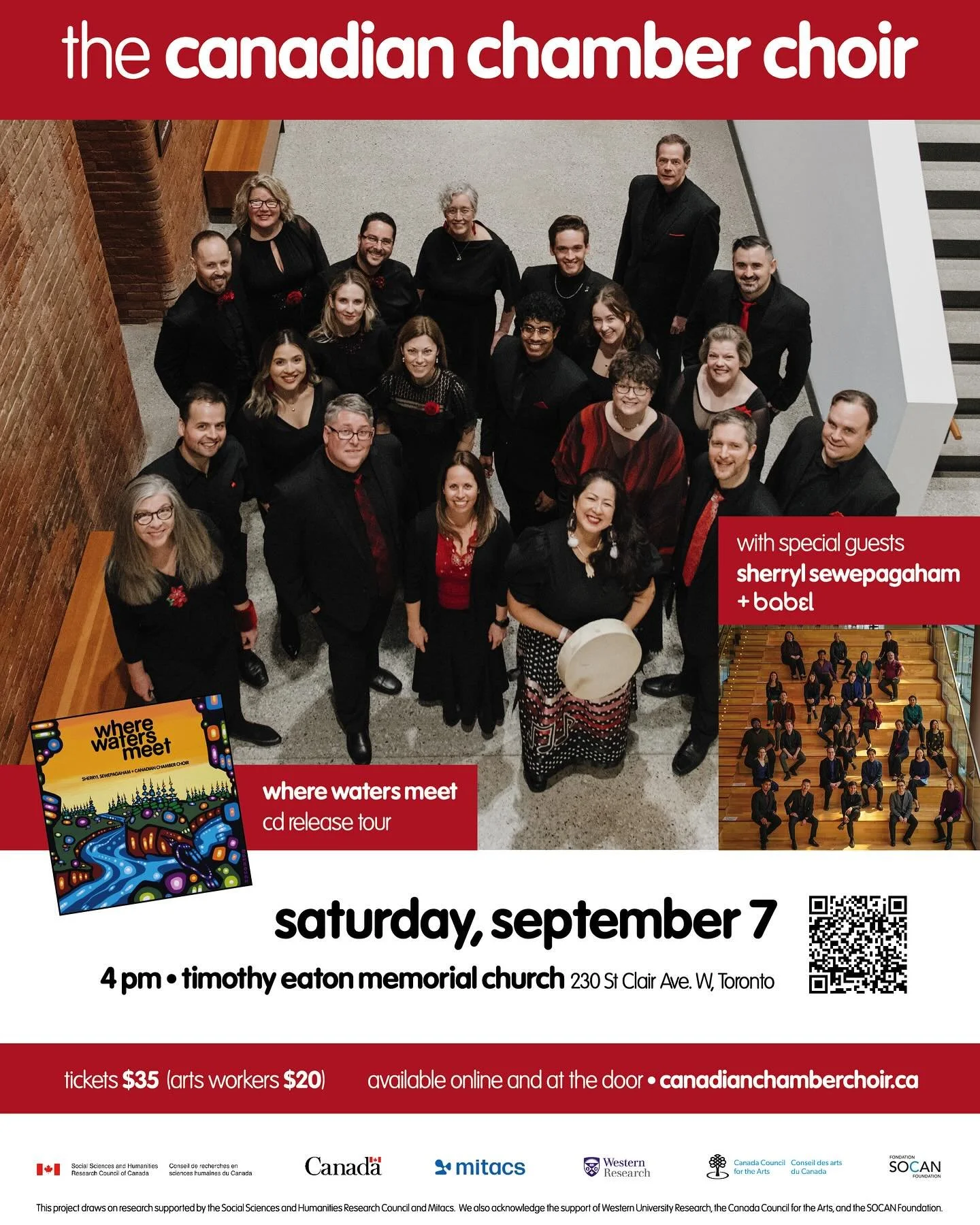 A group of performers from the Canadian Chamber Choir, dressed in black with red accents, standing indoors for a promotional photo. The event details, including date, time, location, and ticket information, are printed above and below the image.