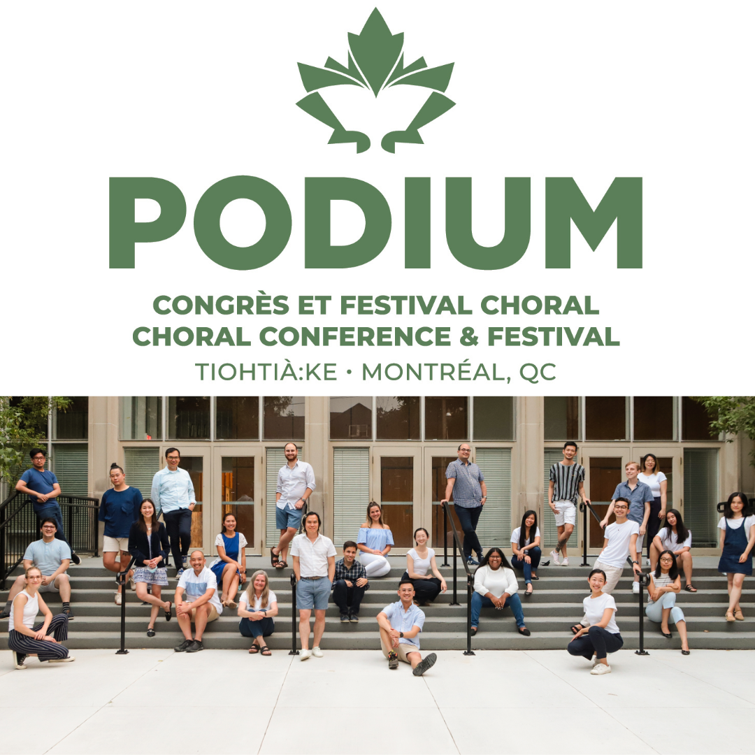 Group of people standing and sitting on stairs in front of a building, with a logo and text promoting a choral conference and festival in Montreal, Quebec.