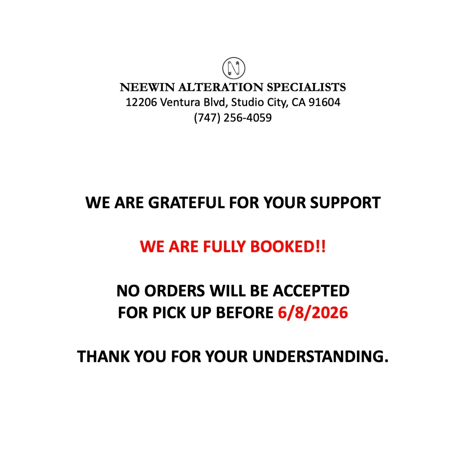 We are fully booked!! Our team has been working nonstop to catchup with orders and have them ready on time for you.

To maintain our quality of work, We are no longer accept orders that need to be picked-up before June 8th, 2026. 

We are truly thank