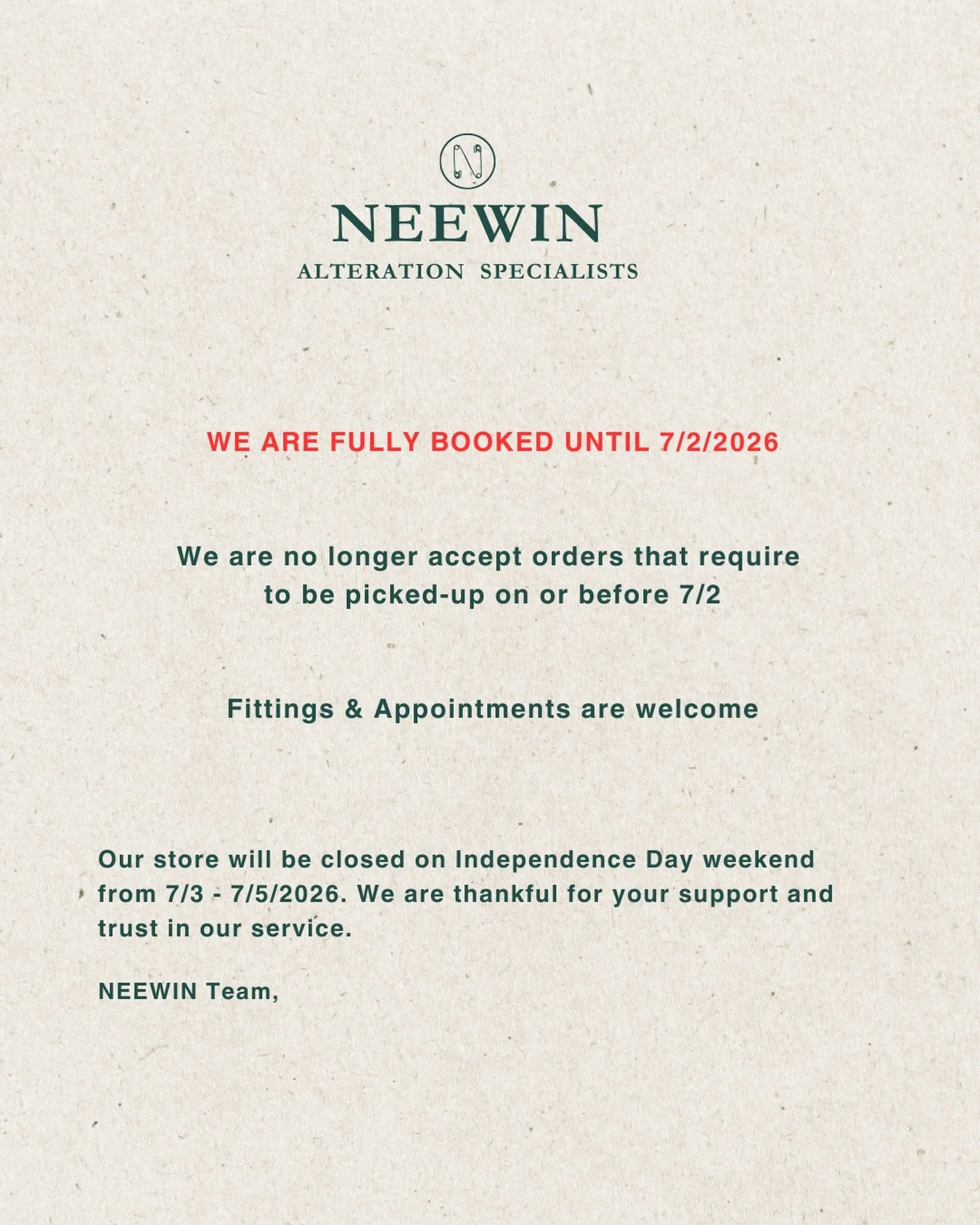 We are fully booked, but you can always support other local businesses🪡✨. We are grateful for your support!

#neewinalteration #studiocity