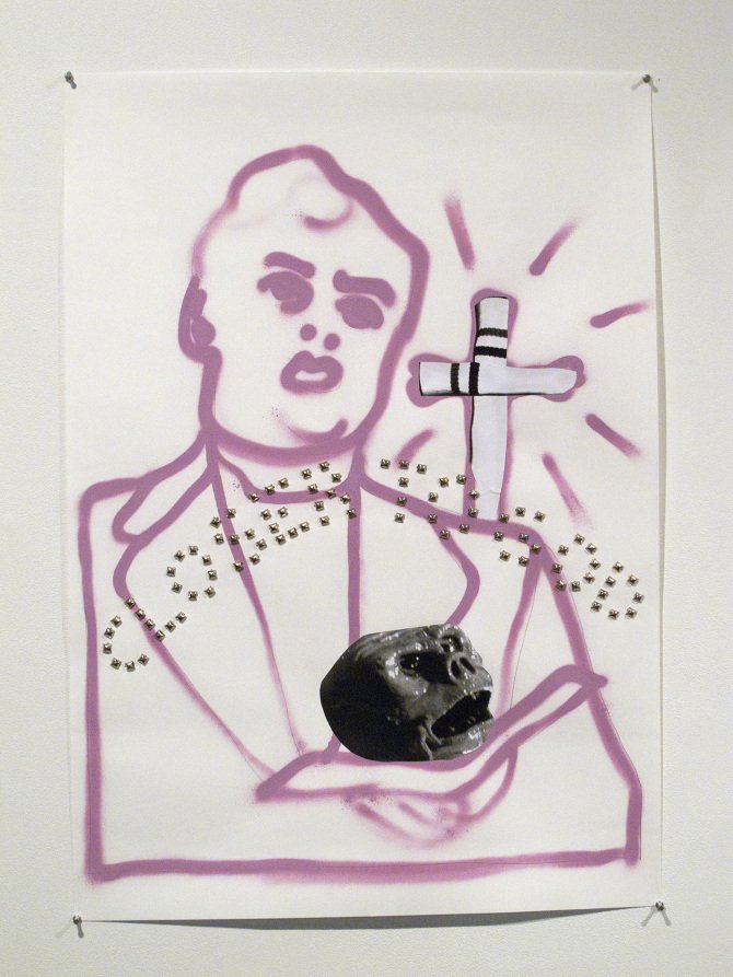 It's not the bullet that kills you (It's the hole) #1 Synthetic polymer paint, found images and metal studs on paper