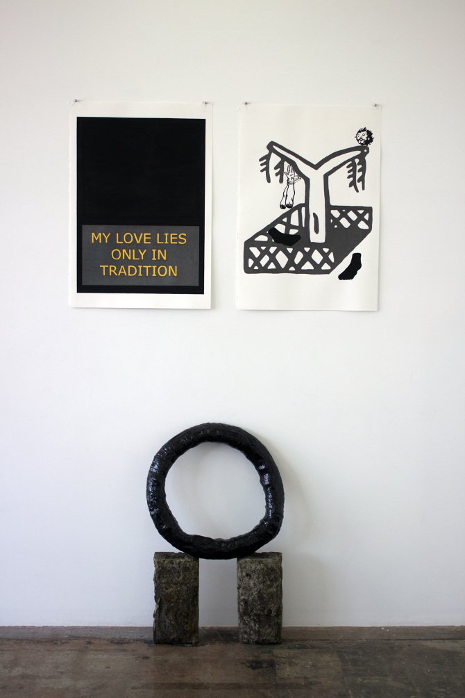 My Love Lies Only in Tradition 2015, Bitumen, synthetic polymer paint and graphite on paper. Wire, found materials, synthetic polymer paint on plaster with granite rock.