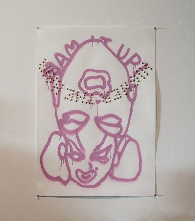 It's not the bullet that kills you (It's the hole) #4 Synthetic polymer paint, found images and metal studs on pape